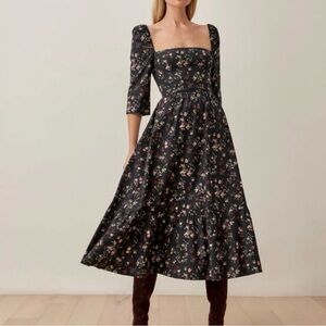 Reformation Cyprus Black Floral Jolene Print Dress with Pink Floral